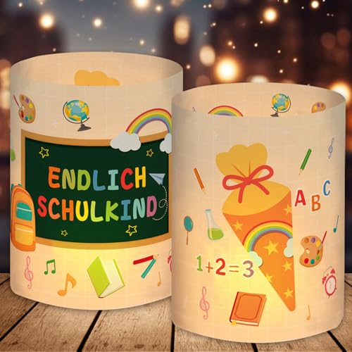 12 Windlicht Tischdeko, Einschulung Deko Mädchen, Schulanfang Jungen, Endlich Schulkind 2025, Schuleinführung Einschulungsdeko Geschenk, Geeignet für Teelichter oder Kerzen von Happirra