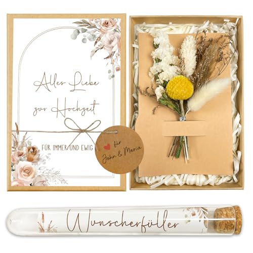 Hochzeitsgeschenke für Brautpaar Set, Geldgeschenk Hochzeit, Inklusive Geschenkbox, Trockenblumen, Reagenzglas, Hochzeitskarte, Hochzeitsgeschenk Geld von Happirra