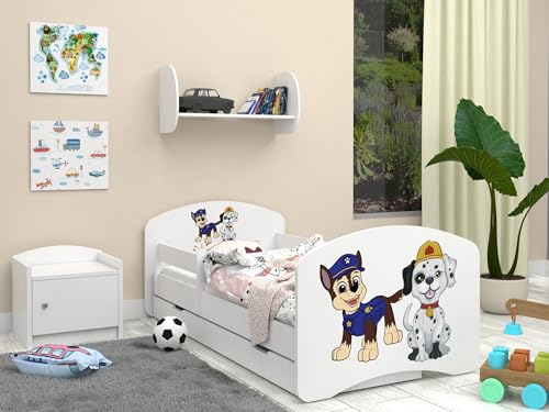 Happy Babies Bett für Kinderzimmer 140x70 mit Schublade, Bett und Matratze für Mädchen, Kinderbett mit Schutz vor dem Herausfallen und Einer Schublade, Einzelbett, Hundemotiv, Junge - Weiss Happy Babies Bett für Kinderzimmer 140x70 mit Schublade, Bett und Matratze für Mädchen, Kinderbett mit Schutz vor dem Herausfallen und Einer Schublade, Einzelbett, Hundemotiv, Junge - Weiss von Happy Babies