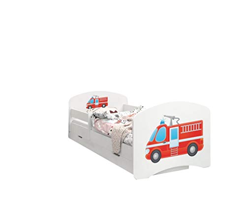 Happy Babies - Doppelseitiges Kinderbett MIT SCHUBLADE Modernes Design mit sicheren Kanten und Absturzsicherung Schaumstoffmatratze 7 cm. (140x70, 68. Feuerwehrauto) von Happy Babies