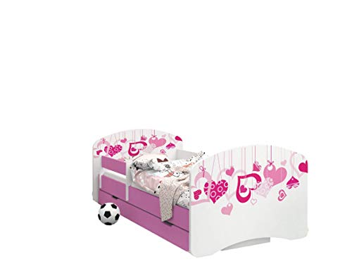 Happy Babies - Doppelseitiges PINK Kinderbett MIT SCHUBLADE Modernes Design mit sicheren Kanten und Absturzsicherung Schaumstoffmatratze 7 cm (02. Fallende Herzen, 140x70) von Happy Babies