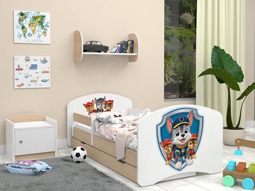 Happy Babies Happy- Kinderbett 160x80 Kinderbett mit Rausfallschutz Bettkasten & Lattenrost Kinderzimmerbett mit Matratze 80x160 Bett für Mädchen Jungen (Hunde mit Abzeichen) (Heller Birnbaum) von Happy Babies