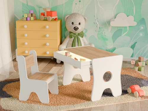 Happy Babies - Kinder-Schreibtisch mit 1 Stuhl – Ergonomischer Spieltisch mit Stauraum – Ergonomischer Spiel Lerntisch Jungen & Mädchen – Kindermöbel Vorschule & Kindergarten (Weiß/Craft) von Happy Babies