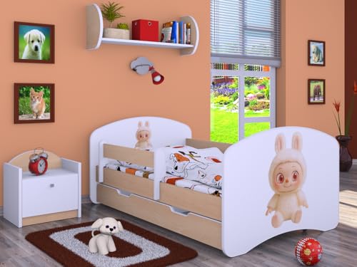 Happy Babies Kinderbett - mit Rausfallschutz Junge 140x70 Bett für Kinderzimmer mit Schublade & Matratze Einzelbett für Kinder Weiß/Helle Birne News BUBU (Nr 3) von Happy Babies