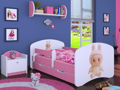 Happy Babies Kinderbett - mit Rausfallschutz Junge 140x70 Bett für Kinderzimmer mit Schublade & Matratze Einzelbett für Kinder Weiß/Rosa - Sweet BUBU (N.2) von Happy Babies