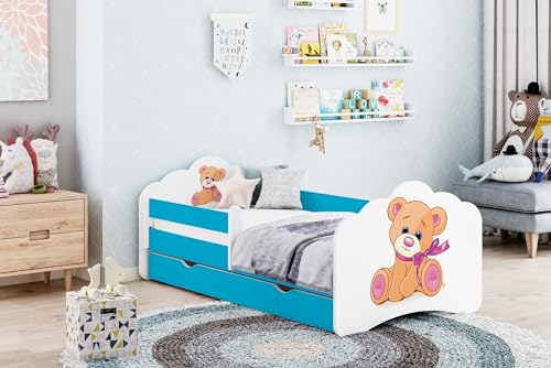 Happy Babies MOBI - Kinderbett 160 x 80 | Kinderbett mit Rausfallschutz & Bettkasten | Jugendbett mit farbigem Aufkleber | Kinderbett mit Matratze 80x160 | Kinder-Bett für Mädchen & Jungen BLAU (M10) von Happy Babies