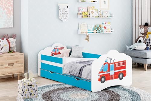 Happy Babies MOBI - Kinderbett 160 x 80 | Kinderbett mit Rausfallschutz & Bettkasten | Jugendbett mit farbigem Aufkleber | Kinderbett mit Matratze 80x160 | Kinder-Bett für Mädchen & Jungen BLAU (M16) von Happy Babies