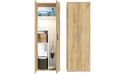 Happy Babies Utility-Schrank 60 cm | Weiß | Vorratsschrank für Staubsauger, Mopps & Reinigungsmittel | 176 cm hoch – Laminierte 16 mm Platte, Mattes ABS-Finish (Craft Gold) von Happy Babies