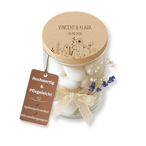 Happy Box Personalisierbares Vorratsglas mit Holzdeckel – Geschenk zur Hochzeit – Glas mit Gravur & Deko – Gastgeschenk - [einzeln - S/M/L - 0,2-0,8 L] - Deko Hochzeit (Blumenwiese, L: 880ML) von Happy Box