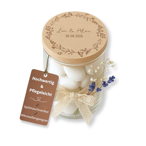 Personalisierbares Vorratsglas mit Holzdeckel – Geschenk zur Hochzeit – Glas mit Gravur & Deko – Gastgeschenk - [einzeln - S/M/L - 0,2-0,8 L] - Deko Hochzeit (Blumenkranz, L: 880ML) von Happy Box