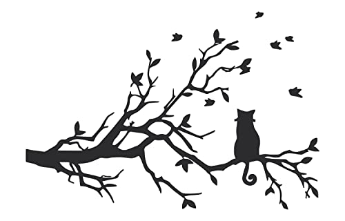 Wandtattoo Katze auf Ast, mit Vögeln - Schwarz, 89cm x 60cm von Happy Calico Design