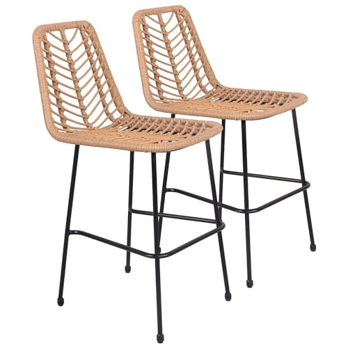 Happy Garden 2er Set Barhocker OKA aus synthetischem Rattan mit Fußstütze, Hocker mit brauner Rückenlehne von Happy Garden