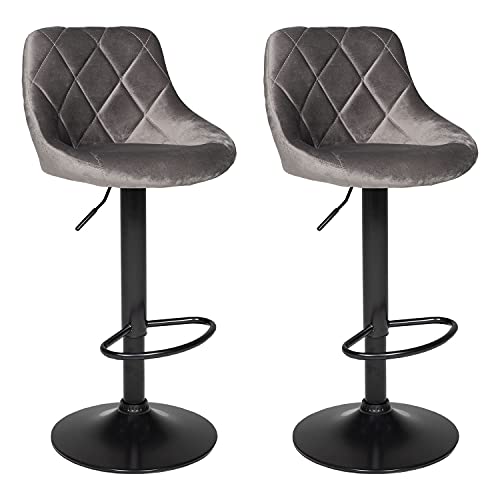Happy Garden 2er Set Barhockern aus grauem Samt Robin. Küchenstuhl in modernem Design mit Sitzfläche, höhenverstellbar, um 360° drehbar und Fußstütze. Hocker mit Rückenlehne aus Samt von Happy Garden