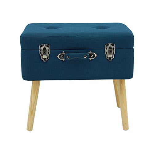 Happy Home Company 12060 Hocker Truhe Nachttisch Kommode Polsterhocker Truhenhocker mit Staufach Ottomane im Kofferdesign Baumwolle/Stoff BLAU von Happy Home Company