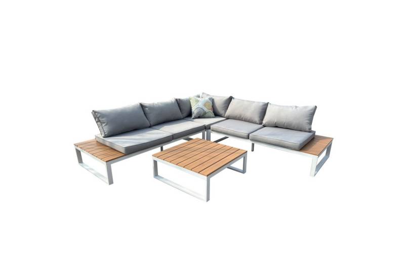 Happy Home Gartensofa 14 tlg. Loungeset aus Aluminium inkl. Auflagen hellgrau mit Holzoptik von Happy Home