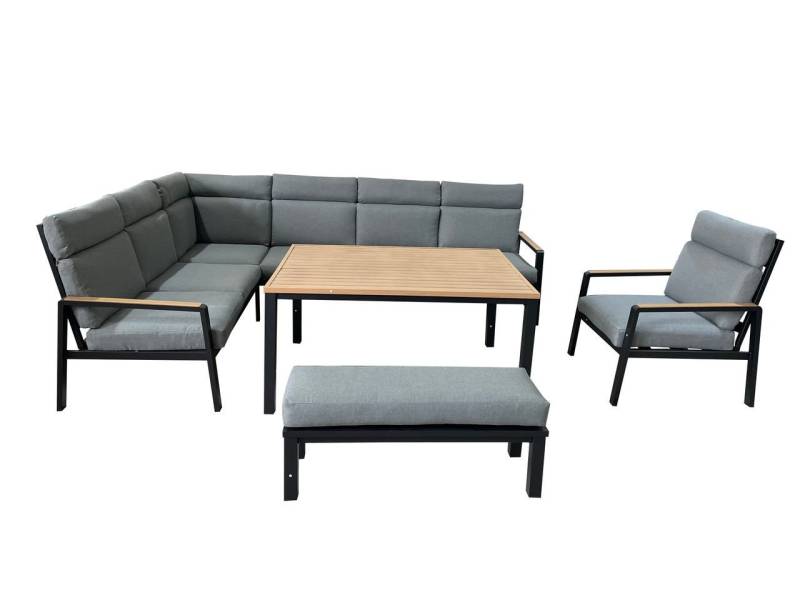 Happy Home Gartensofa 6 tlg. Eck-Lounge mit hoher Rückenlehne, Sitzkissen, grau & Holzoptik von Happy Home