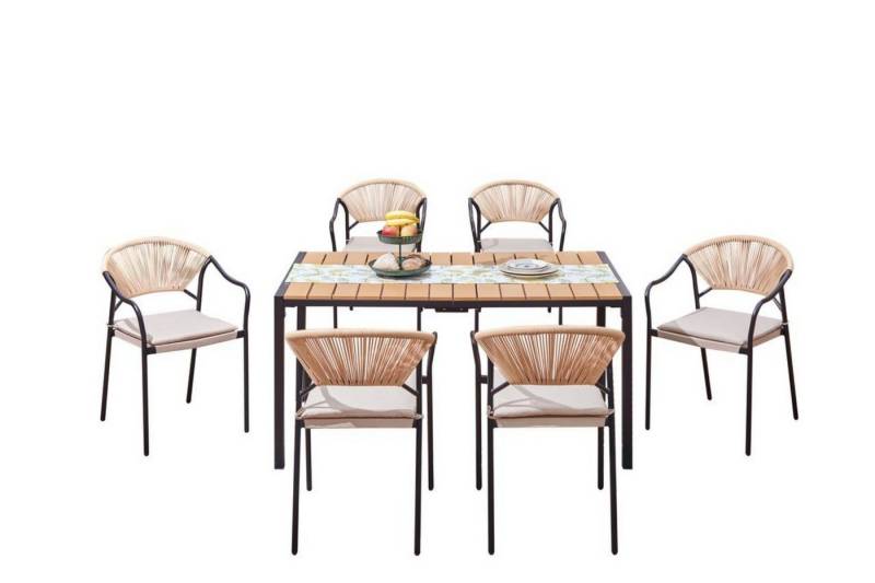 Happy Home Gartenstuhl 7-tlg. Dining Set helles Rattan mit Sitzkissen für Garten & Terrasse von Happy Home