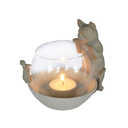 Happy-House Teelichthalter, Teelichthalter mit Katze und Glas, Innenatmosphäre, Beleuchtung, Geschenkartikel, Beige/Grau mit Glas, größe 14 x 11 x 12 cm von Happy-House