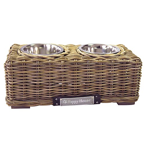 Futternapf Rattan viereckig mit Edelstahl Schüssel von Happy-House