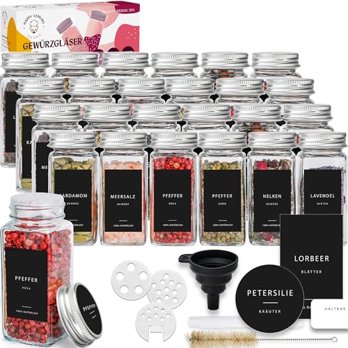 Happy Lemuro Gewürzdosen Set Gewürzgläser Eckig [24 x 120 ml] Gewürzbehälter mit Etiketten, Metalldeckeln - Streueinsatz, Zubehör, 24er Set, Gewürzaufbewahrung von Happy Lemuro