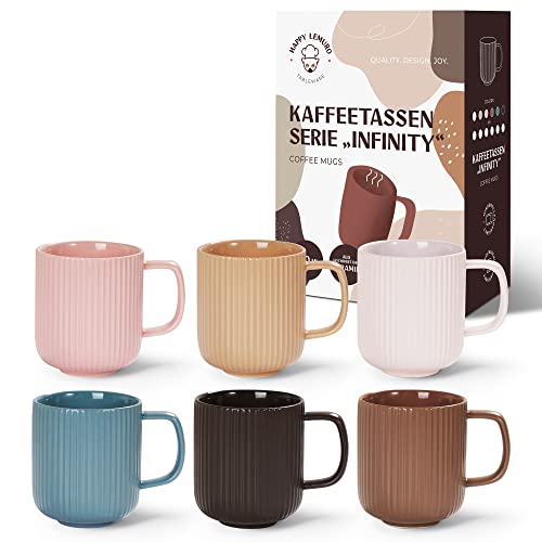 Happy Lemuro Kaffeetassen - Design Tassen, 6 x 360 ml, matt. Moderne Keramik Tasse für Kaffee und Tee. Groß und hochwertig. In 6 Erdfarben von Happy Lemuro