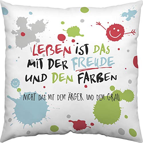 H:)PPY life Kissen Motiv "Leben ist das mit der Freude"| Zierkissen, Baumwolle, 40 cm x 40 cm | Kissen mit Spruch | 45359 von H:)PPY life