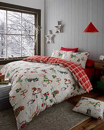 Happy Linen Company Bettwäsche mit weihnachtlichen Hunde-Motiven - wendbar - Taupe/Naturfarben - Bettwäsche-Set für EIN Einzelbett von Happy Linen Company