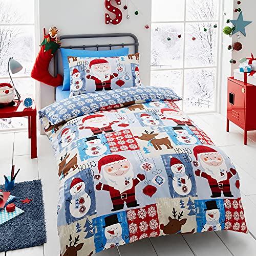 Happy Linen Company Jungen/Mädchen Bettwäsche - weihnachtliches Patchwork-Design mit Weihnachtsmann - wendbar - Blau - Bettwäsche-Set für EIN Einzelbett von Happy Linen Company