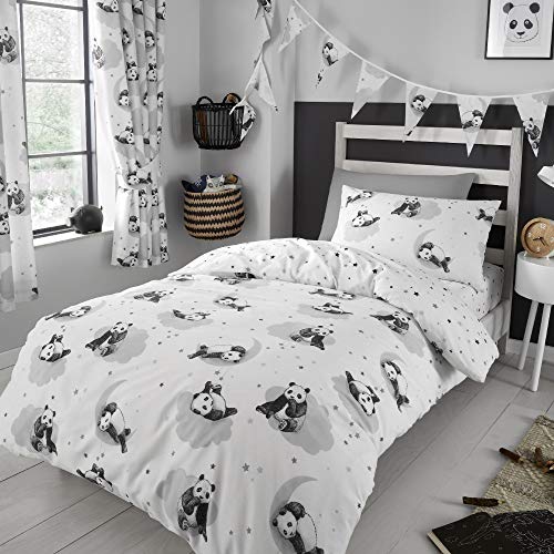 Happy Linen Company Mädchen/Jungen Bettwäsche-Set - mit niedlichen Panda-Motiven - wendbar - Weiß-Monochrom - Einzelbett von Happy Linen Company