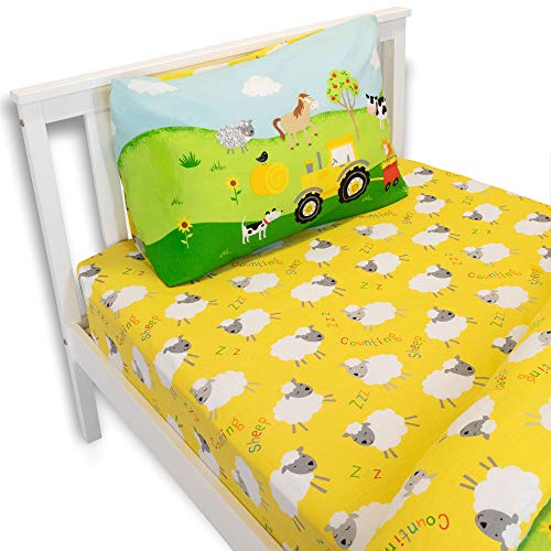 Happy Linen Company Mädchen/Jungen Einzelbett-Spannbettlaken - mit Bauernhoftieren - Schäfchen zählen - Gelb von Happy Linen Company
