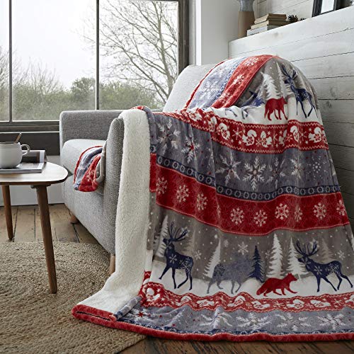 Happy Linen Company Tagesdecke mit nordischem Motiv - für den Winter - warm - Kunstfell & Sherpa-Fleece - Rot - XXL von Happy Linen Company
