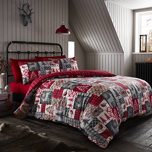 Happy Linen Company Wendbares Bettwäsche-Set mit weihnachtlichem Patchwork-Design - Kingsize - Rot von Happy Linen Company