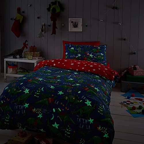 Happy Linen Company Mädchen/Jungen Bettwäsche-Set - mit weihnachtlichen Dinosaurier-Motiven - wendbar - im Dunkeln Leuchtend - Dunkelblau - Einzelbett von Happy Linen Company