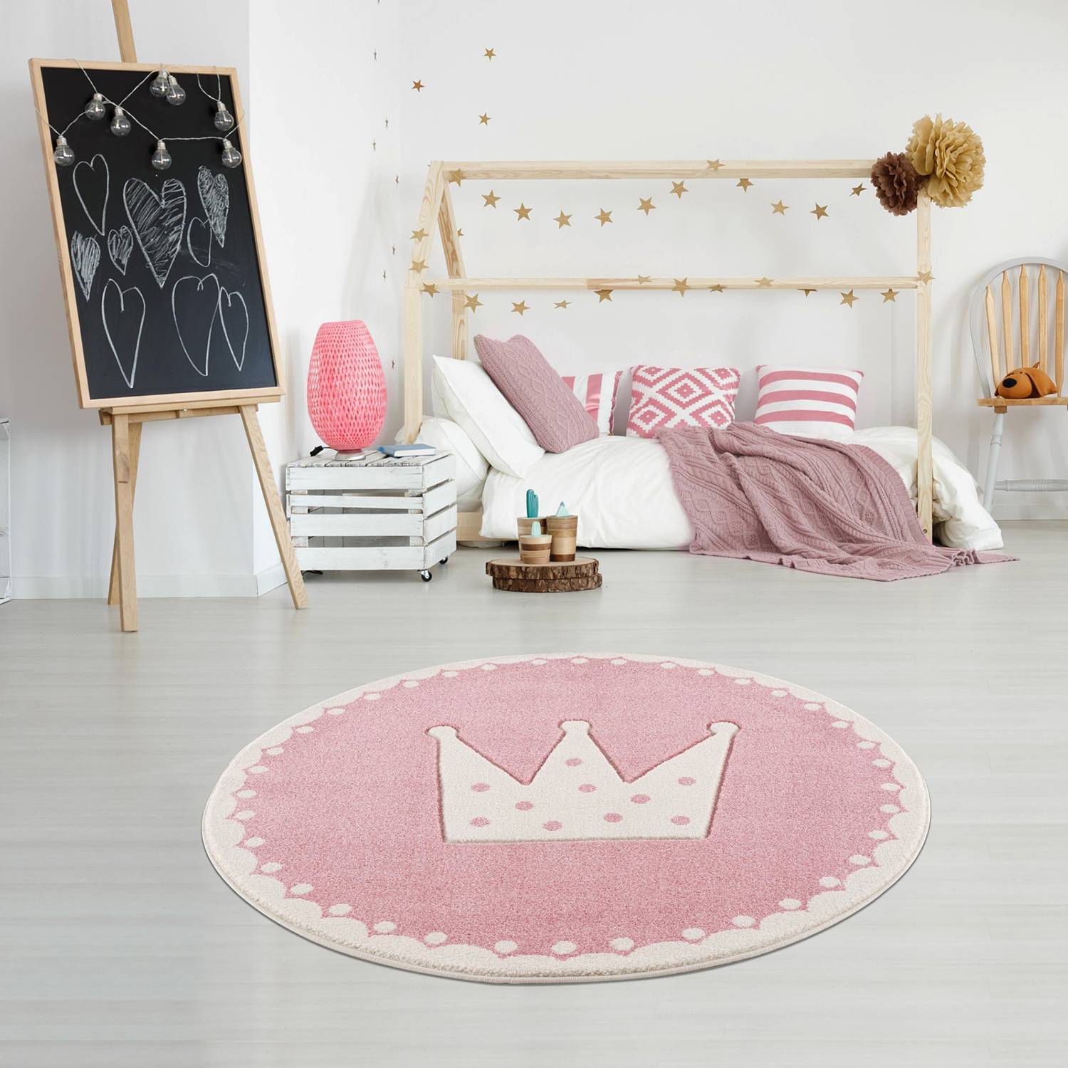 Happy Rugs Kinderteppich Crown Babyrosa/Weiß Kunstfaser Ø 133 cm von Happy Rugs