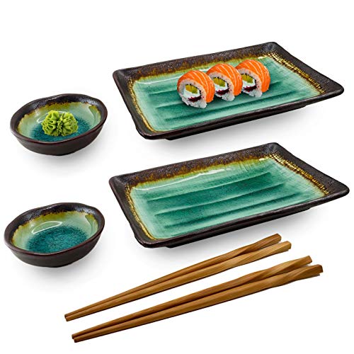 Happy Sales HSDW-GROCN6 Japanischer Sushi-Teller, 6-teiliges Set, grüner Ozean, Steingut von Happy Sales