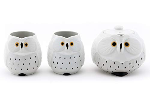Happy Sales HSTS-OWLWHT Teekanne im japanischen Stil aus Keramik mit Sieb und 2 Tassen Tee-Set, weiße Eule von Happy Sales