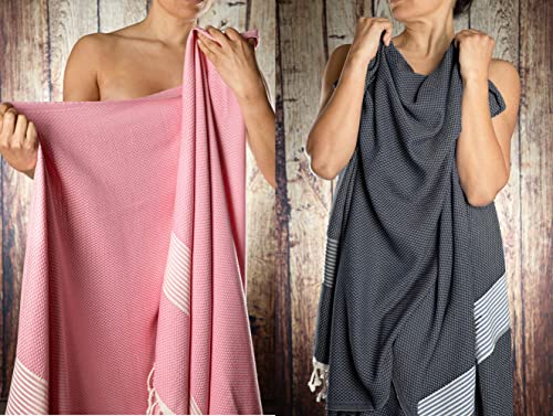 Happy Towels Hamamtuch 2-Stück Packung | Badetuch | Saunatuch | Extra Lang & Weich Gewebt | 210 cm x 95 cm | 60% Bambus-Viskose und 40% Baumwolle | Fairtrade (Schwarz und Rosa, 2) von Happy Towels