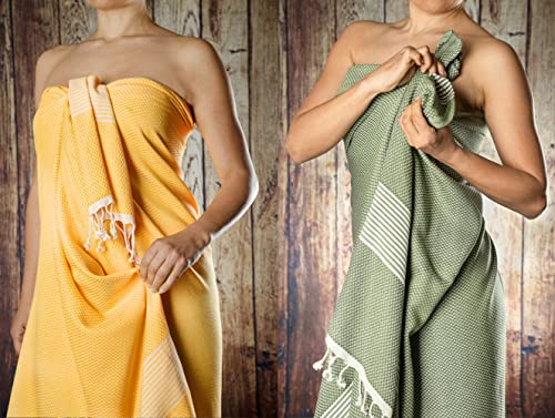 Happy Towels Hamamtuch 2-Stück Packung | Badetuch | Saunatuch | Extra Lang & Weich Gewebt | 210 cm x 95 cm | 60% Bambus-Viskose und 40% Baumwolle | Fairtrade (Mango Gelb und Olivgrün, 2) von Happy Towels