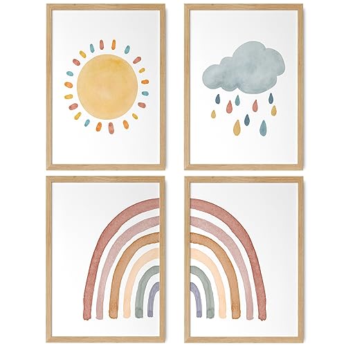 HappyArts® | Kinderzimmer Bilder A4 Poster 4er Set Deko Mädchen Junge Babyzimmer | Handgemalte Boho Sonne Regenbogen Wolke Wetter Elemente OHNE RAHMEN … von HappyArts