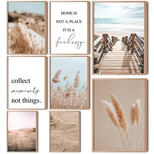 HappyArts® | Premium 8er Poster Set | Bilder Wohnzimmer Deko Schlafzimmer | Gräser Meer Strand Natur Pampas (ohne Rahmen) von HappyArts