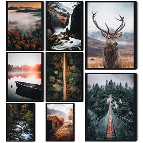 HappyArts® | Premium 8er Poster Set | Bilder Wohnzimmer Deko Schlafzimmer | Natur Hirsch Collage Wald See Berge (ohne Rahmen) … von HappyArts