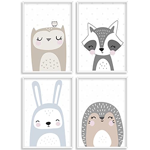 HappyArts® | Kinderzimmer Bilder A4 Poster 4er Set Deko Mädchen Junge Babyzimmer | Skandinavische Tiere Hase Igel Eule Waschbär OHNE RAHMEN von HappyArts