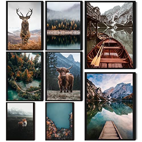 HappyArts® | Premium 8er Poster Set | Bilder Wohnzimmer Deko Schlafzimmer | Natur Berge See Wandern Hirsch (ohne Rahmen)… von HappyArts