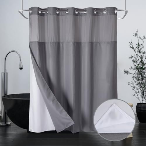 Ecoehoe Extra langer 180 x 200 cm grauer Waffelstoff, Hakenfreier Duschvorhang mit herausnehmbarem Polyester-Futter, schweres Gewicht von Ecoehoe