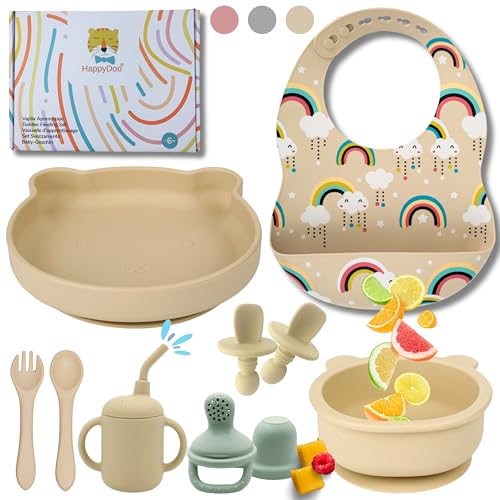 HappyDoo | Baby Geschirrset | 12 Stücke | Baby Teller Set | Baby Geschirrset mit Saugnapf | Baby Geschirr | BPA FREE | Fruchtsauger Baby Geschenk | Babygeschirr Set | Im Geschenkkarton von HappyDoo