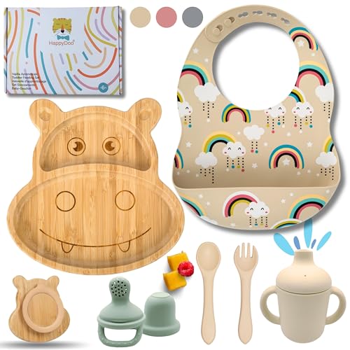 HappyDoo | Baby Geschirrset | 9 Stücke | Bambus Teller Baby | Baby Geschirrset mit Saugnapf | Baby Geschirr | BPA FREE | Fruchtsauger Baby Geschenk | Babygeschirr Set | Im Geschenkkarton von HappyDoo