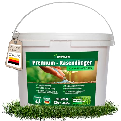 Happyfarm Premium-Rasendünger mit Langzeitwirkung – 20 kg für bis zu 1000 m² – Für kräftiges Grün, weniger Moos & Unkraut – Haustierfreundlich – ideal für Frühjahr bis Spätsommer (20 kg) von HappyFarm