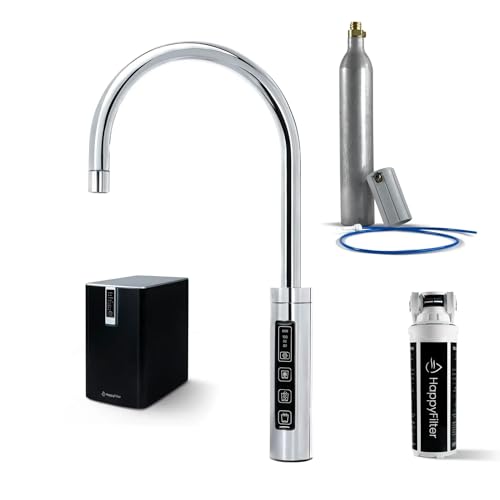 HappyFilter FizzRed Wassersprudler Wasserkocher | gekühlt | gesprudelt | kochend| 3in1 Touch Chrom Wasserhahn | Kalkfilter | Wasserspender | Büro | Küche | Festwasseranschluss | 425g CO2 Adapter von HappyFilter