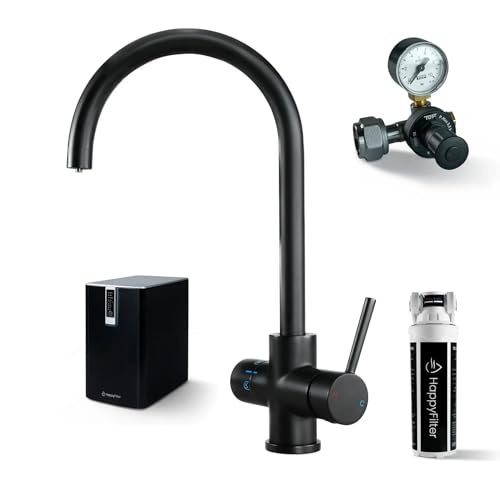 HappyFilter FizzRed Wassersprudler Wasserkocher | gekühlt | gesprudelt | kochend| 5in1 Black Wasserhahn | Kalkfilter | Wasserspender | Büro | Küche | Festwasseranschluss | 2kg CO2 Adapter von HappyFilter