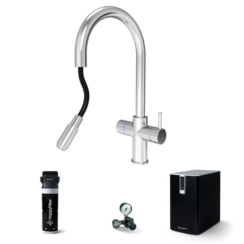 HappyFilter FizzRed Wassersprudler Wasserkocher | gekühlt | gesprudelt | kochend| 5in1 Flex Chrom Wasserhahn | Kalkfilter | Wasserspender | Büro | Küche | Festwasseranschluss | 2kg CO2 Adapter von HappyFilter